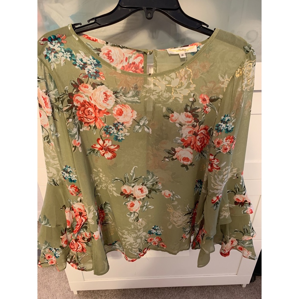Green floral top with bell sleeves